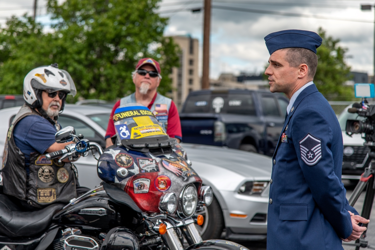 Members of the BJC Veterans Connection group and members of the Patriot Guard Riders gathered near Barnes-Jewish Hospital as the funeral procession prepared to leave the medical campus. BJC supply chain senior project manager Dave Rogers, a Master Sergeant in the U.S. Air Force Reserves, right, told local media that the group wanted to demonstrate their respect for their fellow veteran. “In the military we always look out for each other,” Rogers told the St. Louis Post-Dispatch. “That doesn’t end when someone’s watch is over.”