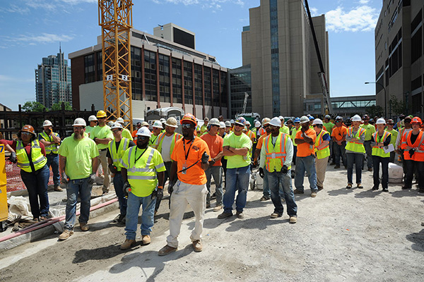 Hundreds of workers attend an on-site fall protection safety demonstration at Barnes-Jewish Hospital