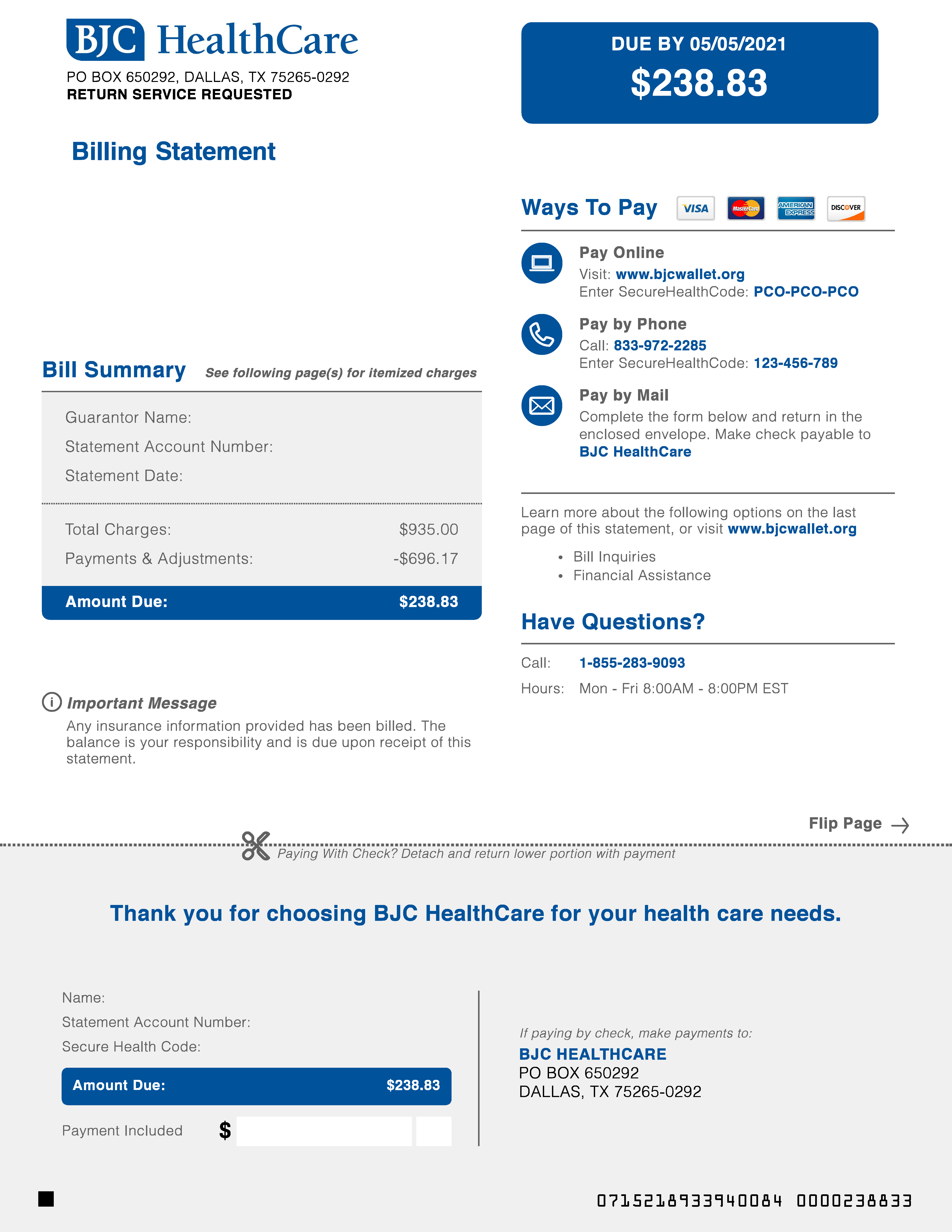 BJC HealthCare statement that indicates "Pay Online. Visit www.bjcwallet.org" in the "Ways to Pay" section in the middle of the right side.