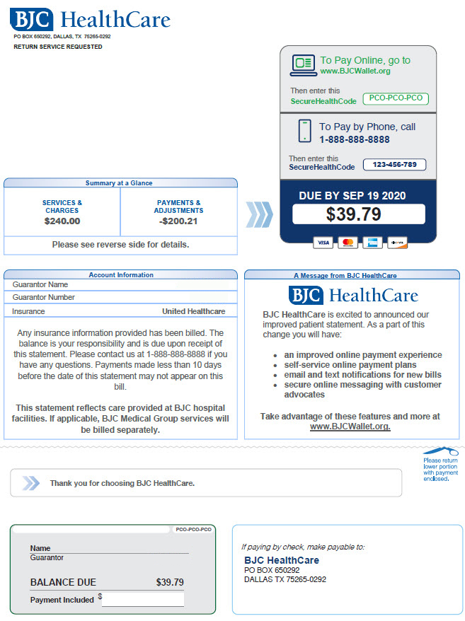 BJC HealthCare statement that indicates "To Pay Online, go to www.bjcwallet.org" in the upper right.