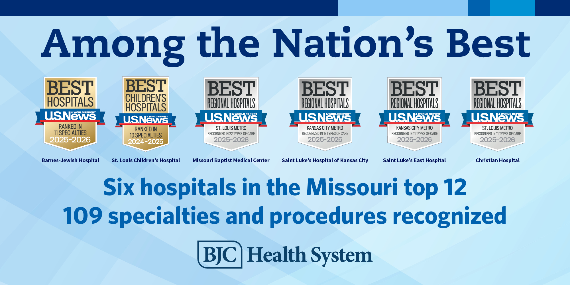 US News and World Report badges listing BJC Health System among the nation's best