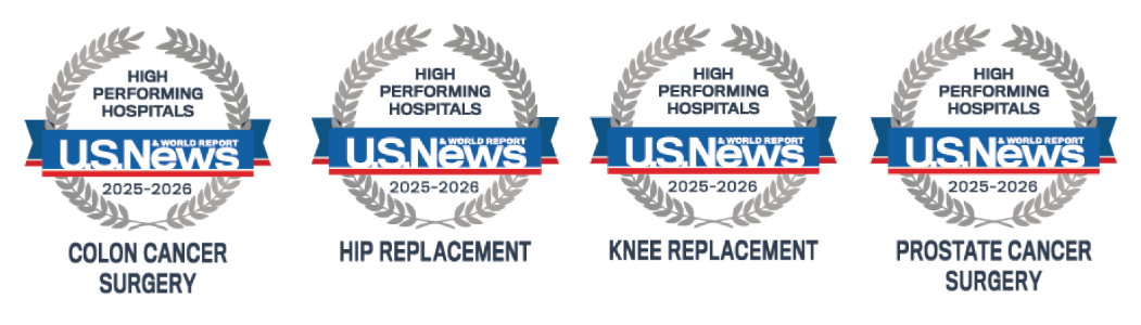 Four US News Badges: Colon Cancer Surgery, Hip Replacement, Knee Replacement, Prostate Cancer Surgery
