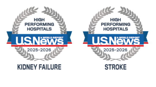 Two US News 'High Performing Hospitals' badges for Kidney Failure and Stroke