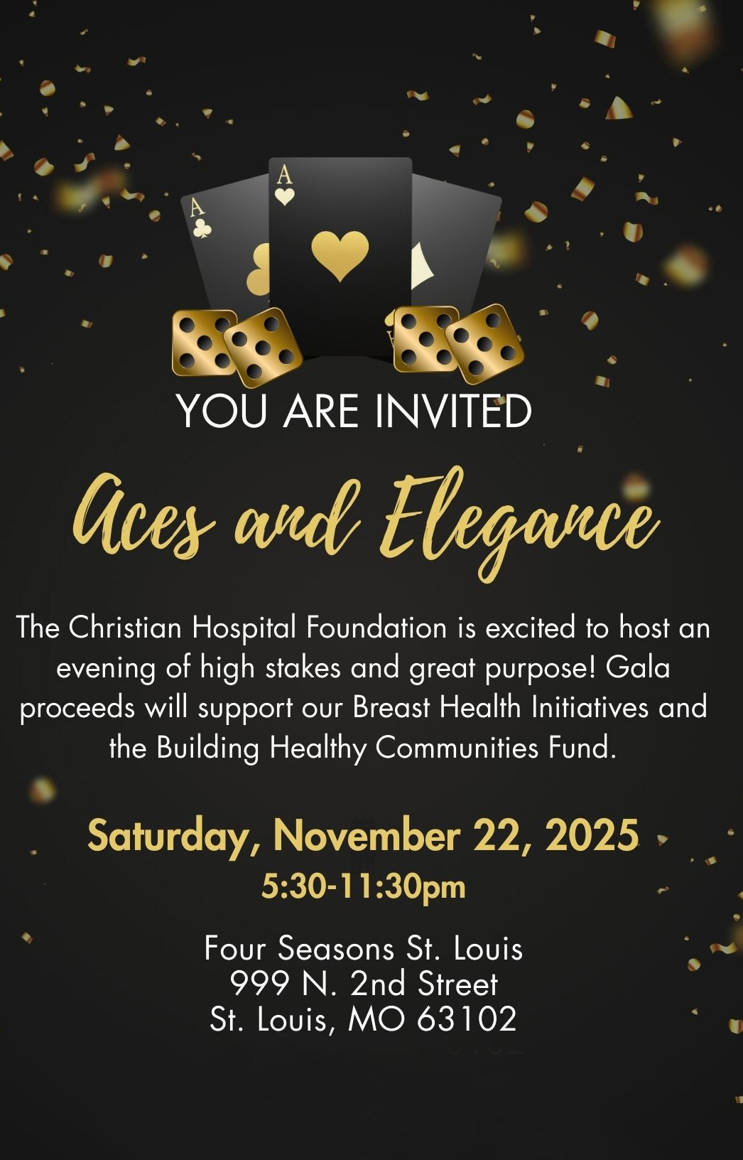 2025 Christian Hospital Gala Invitation – Aces and Elegance theme. All details on graphic found on Event Details section