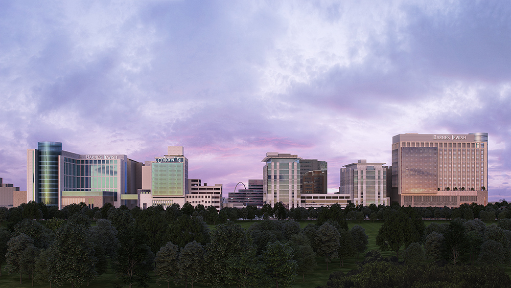 An architectural rendering of the Washington University Medical Campus from Forest Park. Parkview Tower and the Children’s Hospital expansion (2018 opening) are on the far left. The new Plaza West Tower (opening fourth quarter 2025) is on the far left.  