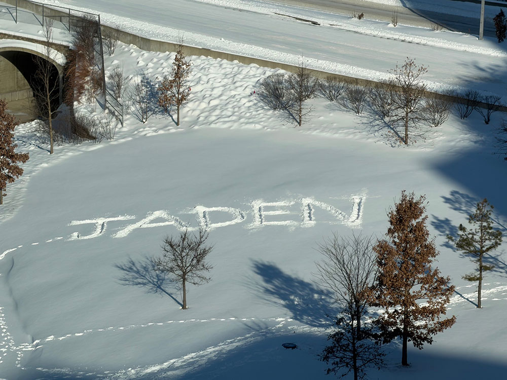 Jaden's name written in the snow