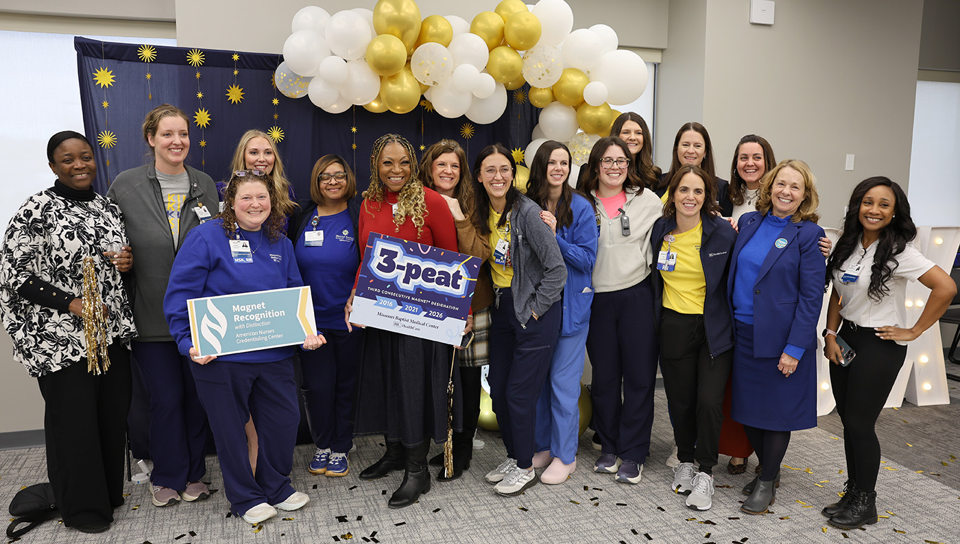 Nurses at Missouri Baptist Medical Center celebrating the Magnet with Distinction® for nursing excellence award.