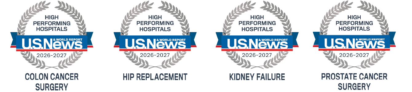 US News & World Report silver emblems for colon cancer surgery, hip replacement, kidney failure and prostate cancer surgery 