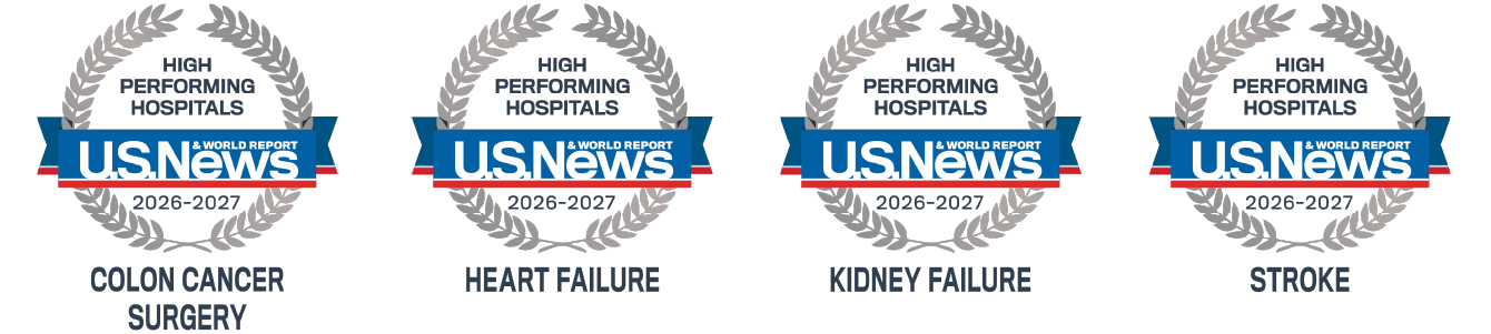 US News & World Report 2026-2027 silver emblems for colon cancer, heart failure, kidney failure and stroke.