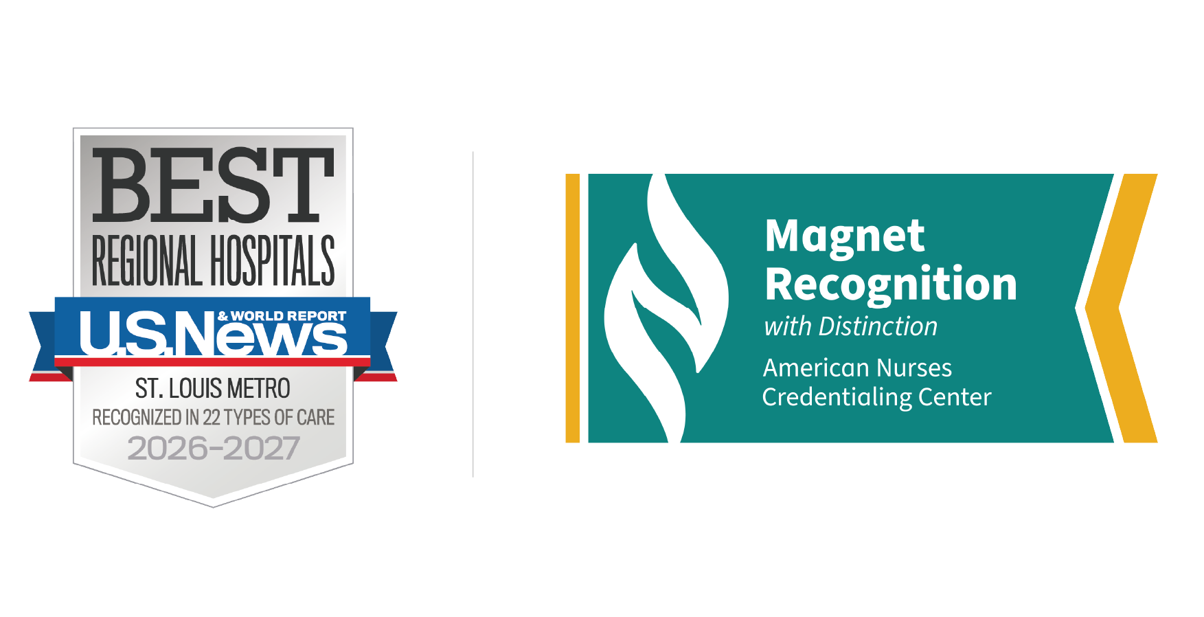 US News & World Report 2026-2027 Best Regional Hospitals St Louis silver emblem and Magnet Recognition