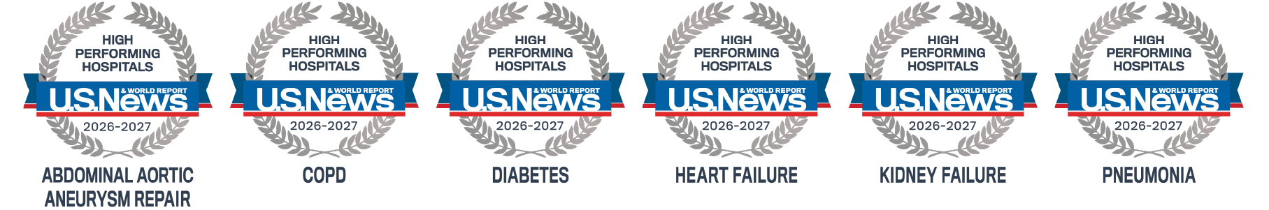 US World News & Report 2026-2027 silver emblems for abdominal aortic repair, COPD, diabetes, heart failure, kidney failure, pneumonia