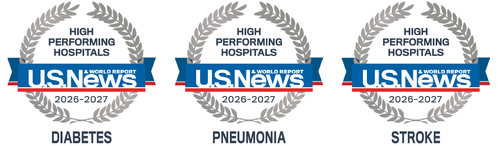 US News & World Report 2026-2027 silver emblems for Diabetes, Pneumonia, and Stroke
