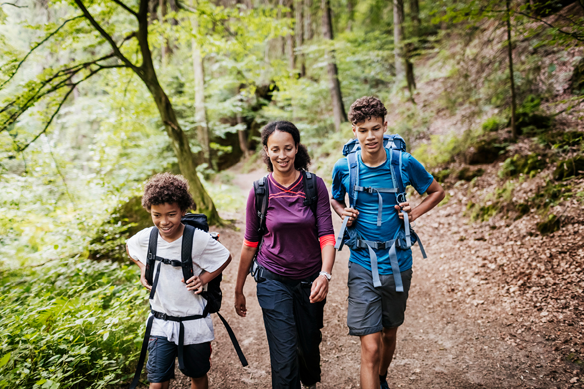 Family navigating a trail in the woods