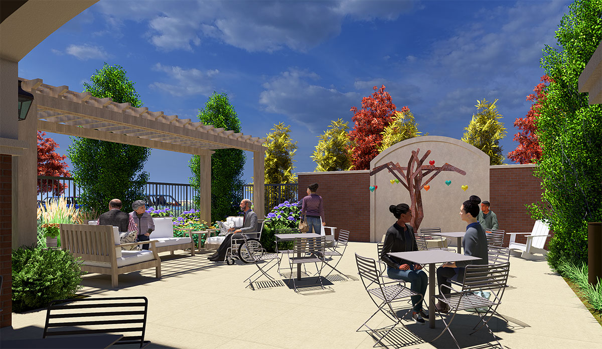 View of the outdoor seating area at Evelyn’s House at Barnes-Jewish Hospital