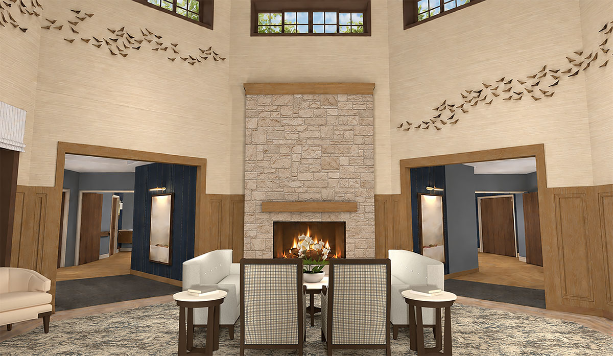 View of the the interior gathering room with fireplace at Evelyn’s House at Barnes-Jewish Hospital